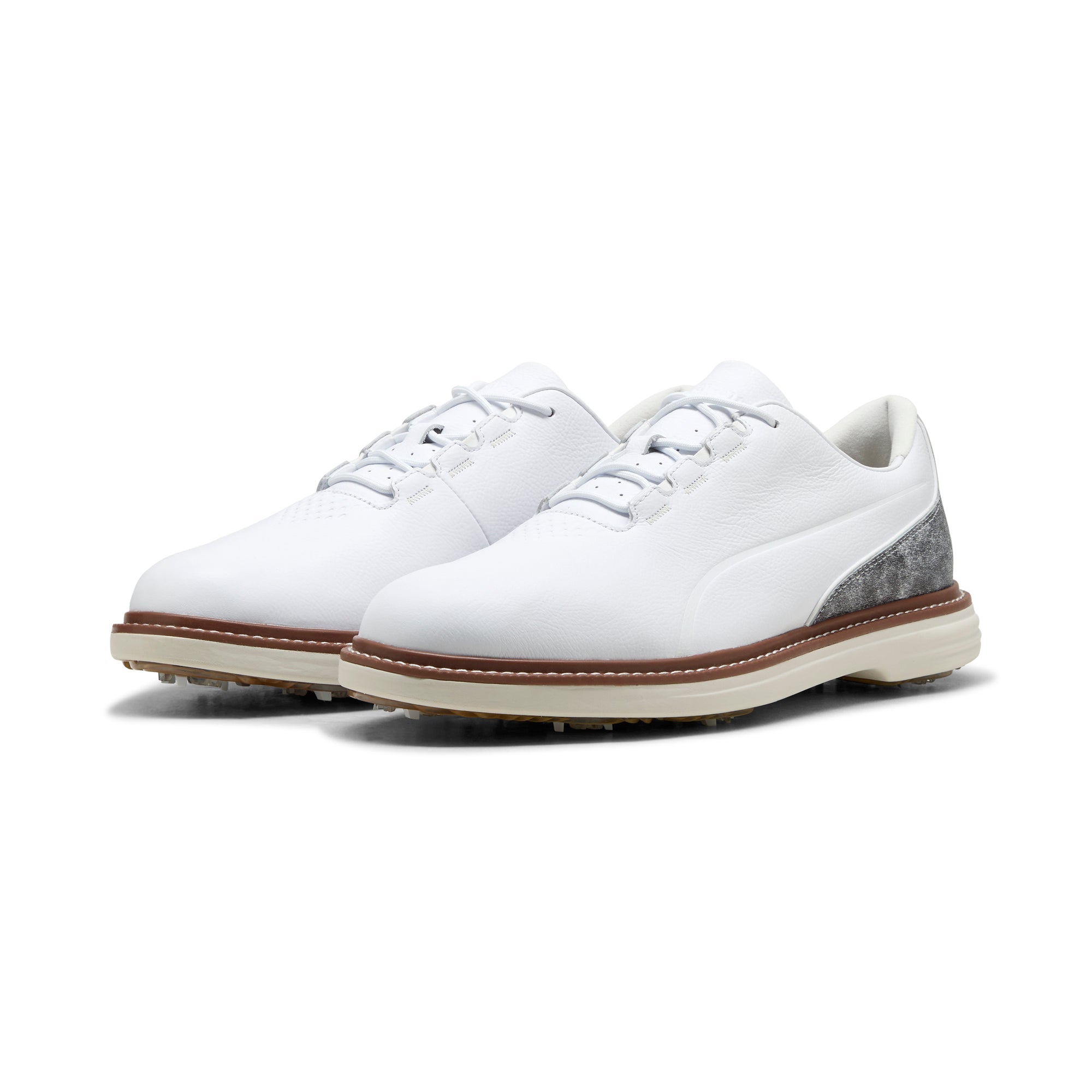 Puma Avant Tour spikad golfsko herr i White/Brown Mushroom, fullnarvigt läder