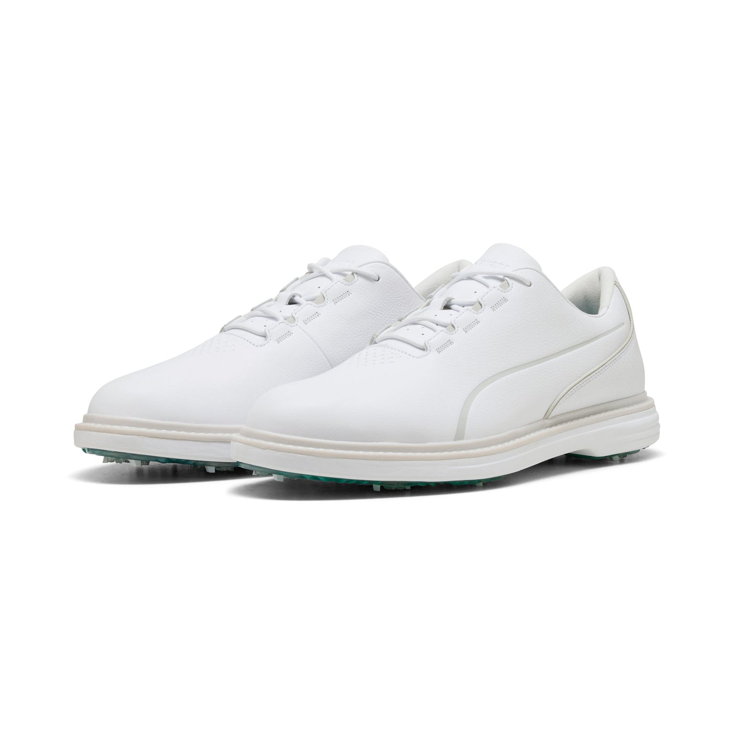 Puma Avant Tour spikad golfsko herr i White/Feather Gray, fullnarvigt läder