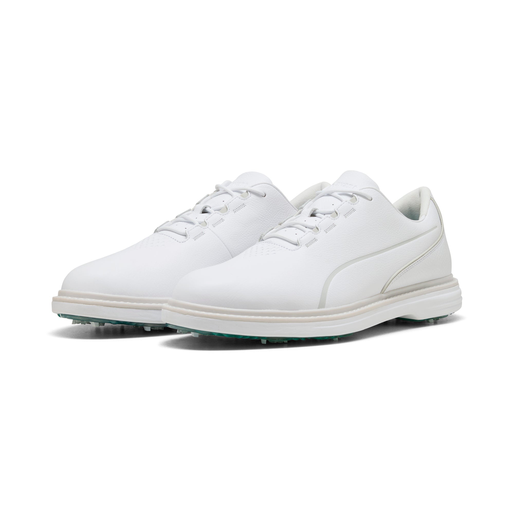 Puma Avant Tour spikad golfsko herr i White/Feather Gray, fullnarvigt läder