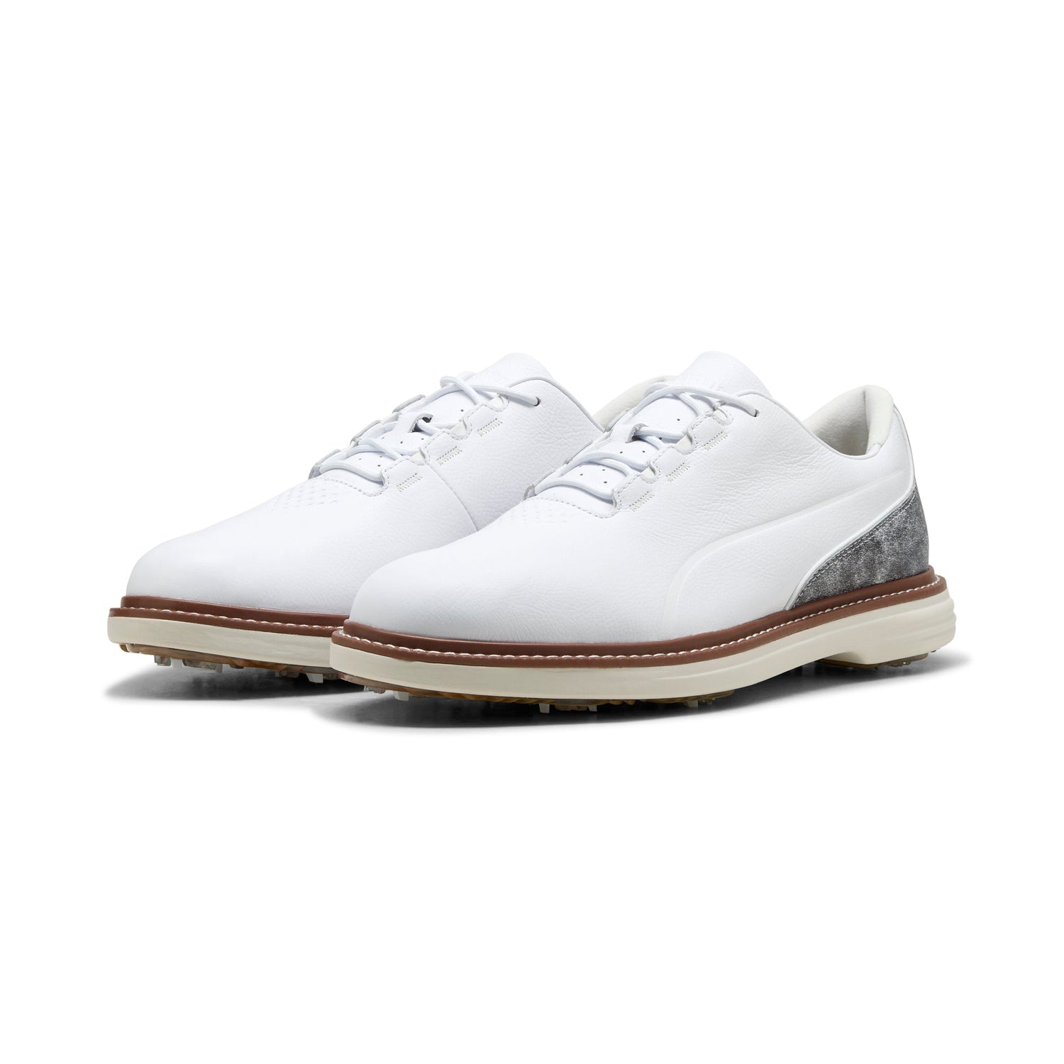 Puma Avant Tour spikad golfsko herr i White/Brown Mushroom, fullnarvigt läder