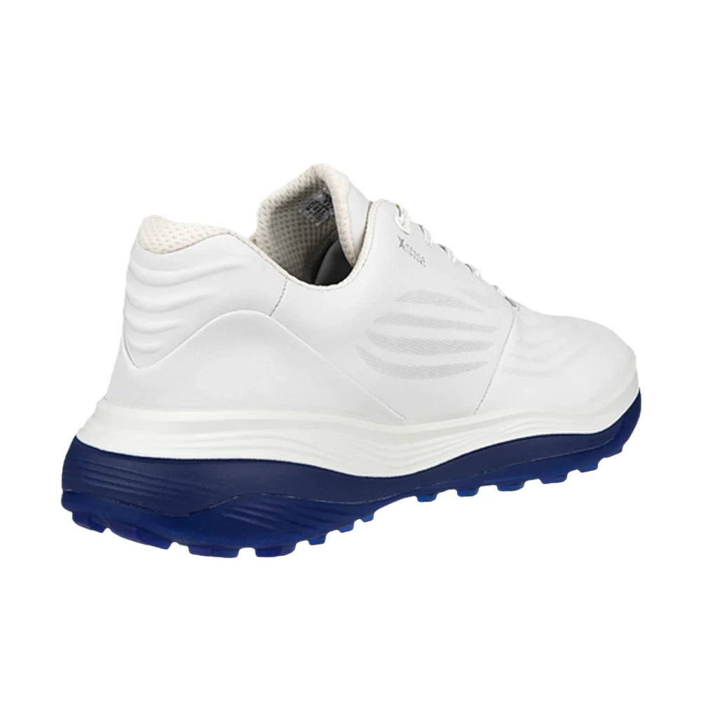 ECCO Golf LT1 golfsko herr i vitt läder sedd bakifrån, med hälkappa och blå E-DTS NET-sula